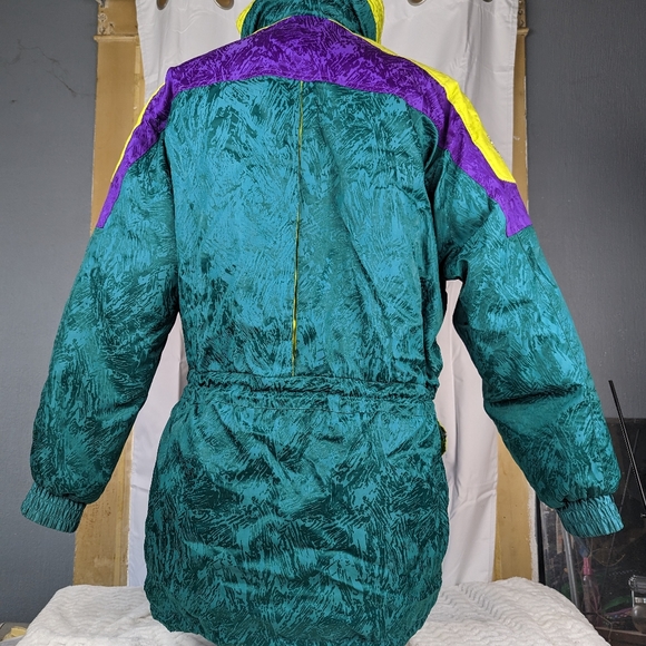 Vintage 1980s Obermeyer Gallery Down Ski Snowboard Parka Jacket Purple & Green - Picture 4 of 16